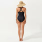 One Piece Swimsuit with Halter Neckline Ruched Front and Laser Cut Detail