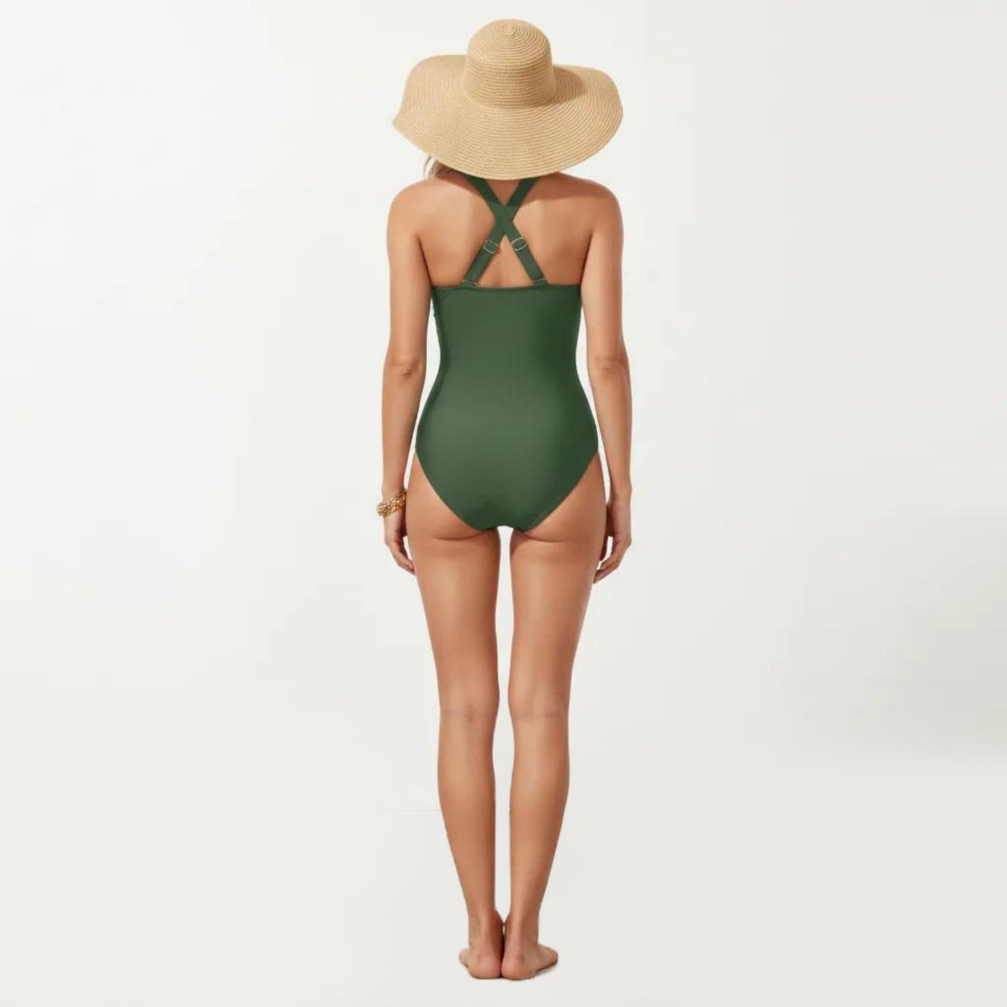 One Piece Swimsuit with Halter Neckline Ruched Front and Laser Cut Detail