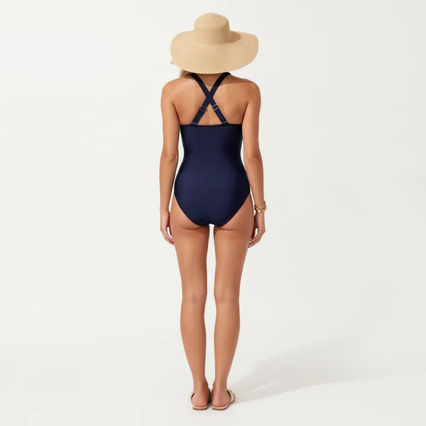 One Piece Swimsuit with Halter Neckline Ruched Front and Laser Cut Detail