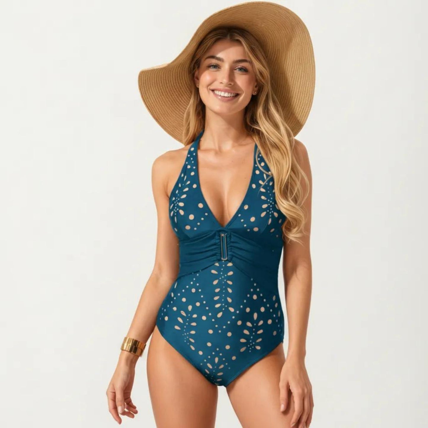 One Piece Swimsuit with Halter Neckline Ruched Front and Laser Cut Detail
