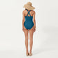 One Piece Swimsuit with Halter Neckline Ruched Front and Laser Cut Detail