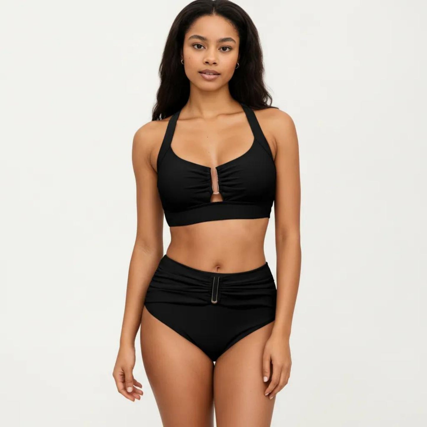 Two Piece Bikini Set with Ruched Bralette Top and High Waist Bottoms