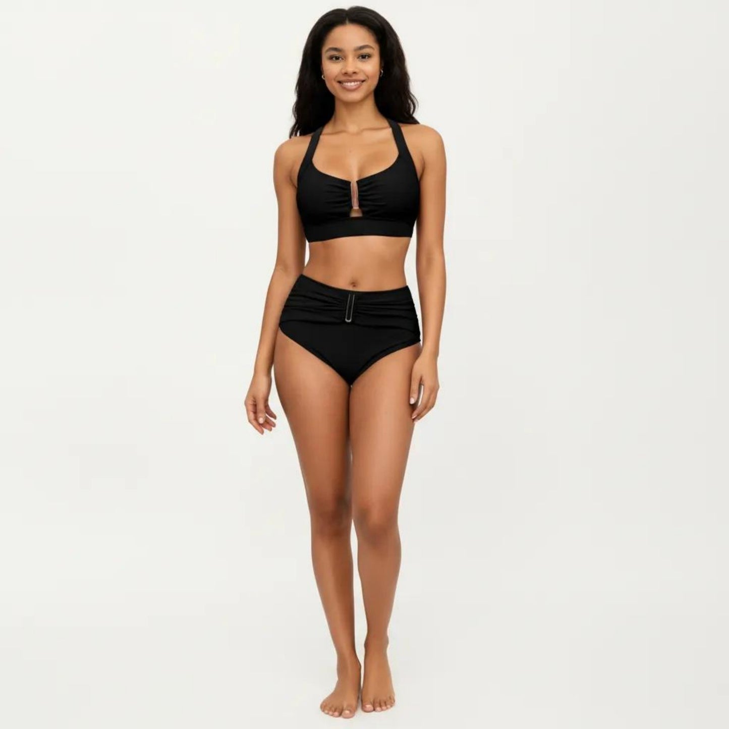 Two Piece Bikini Set with Ruched Bralette Top and High Waist Bottoms