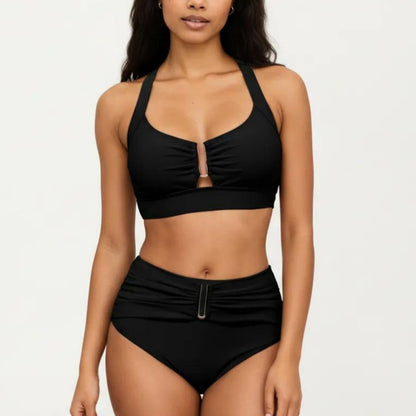 Two Piece Bikini Set with Ruched Bralette Top and High Waist Bottoms