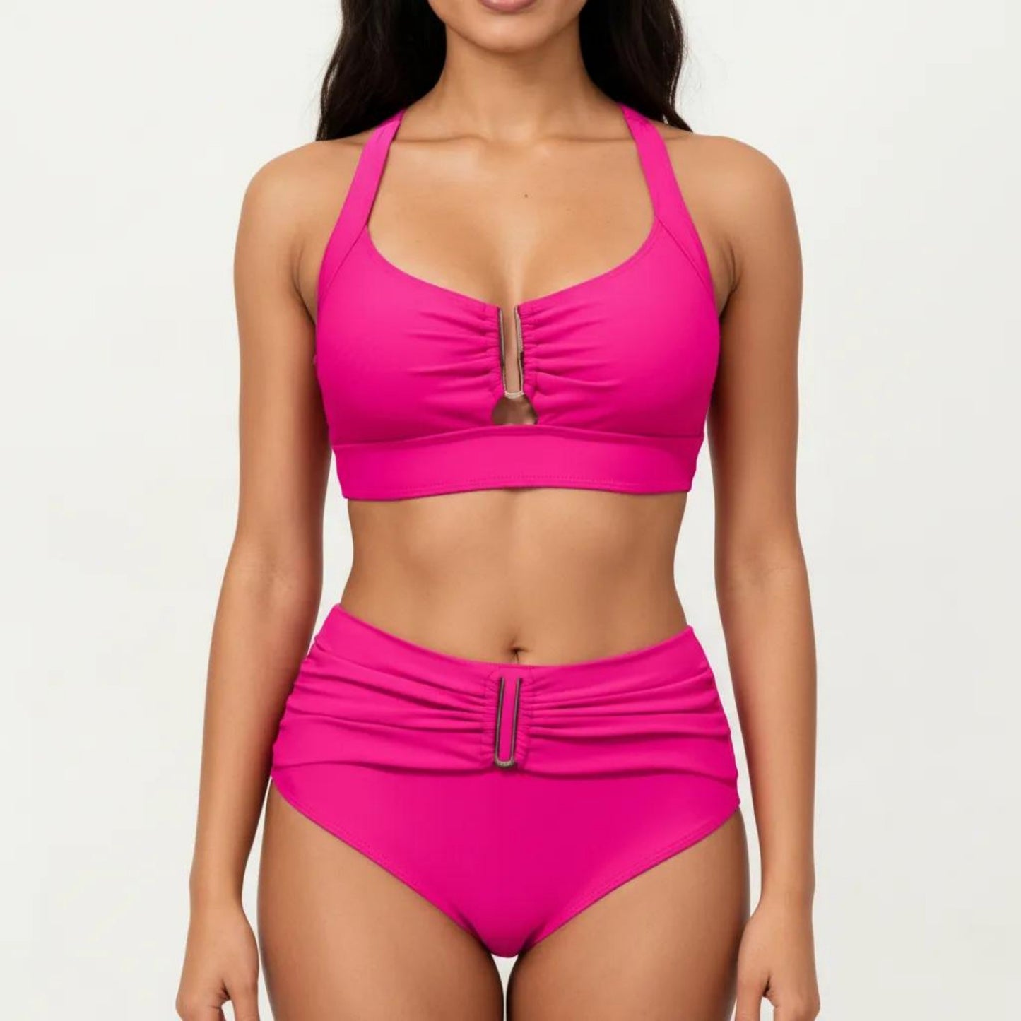 Two Piece Bikini Set with Ruched Bralette Top and High Waist Bottoms