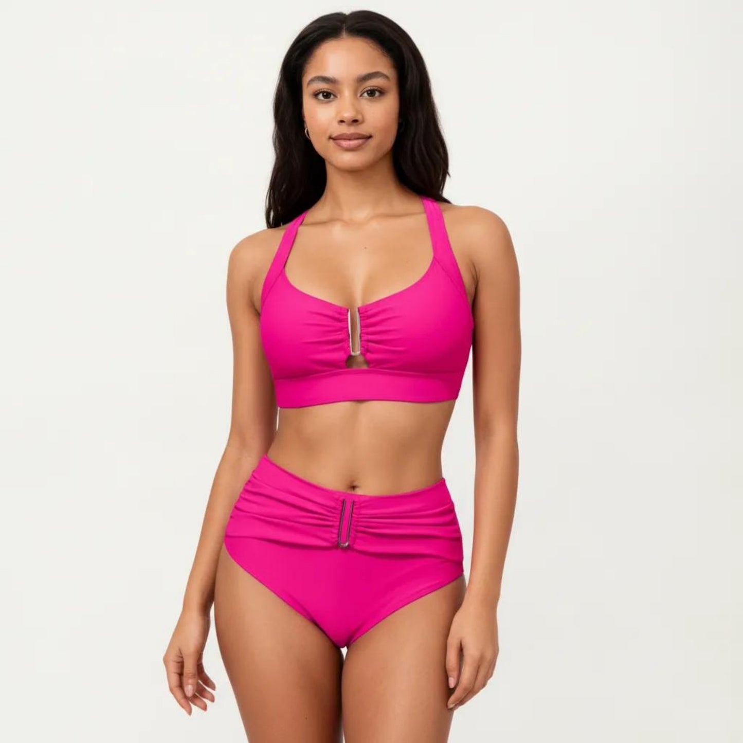 Two Piece Bikini Set with Ruched Bralette Top and High Waist Bottoms