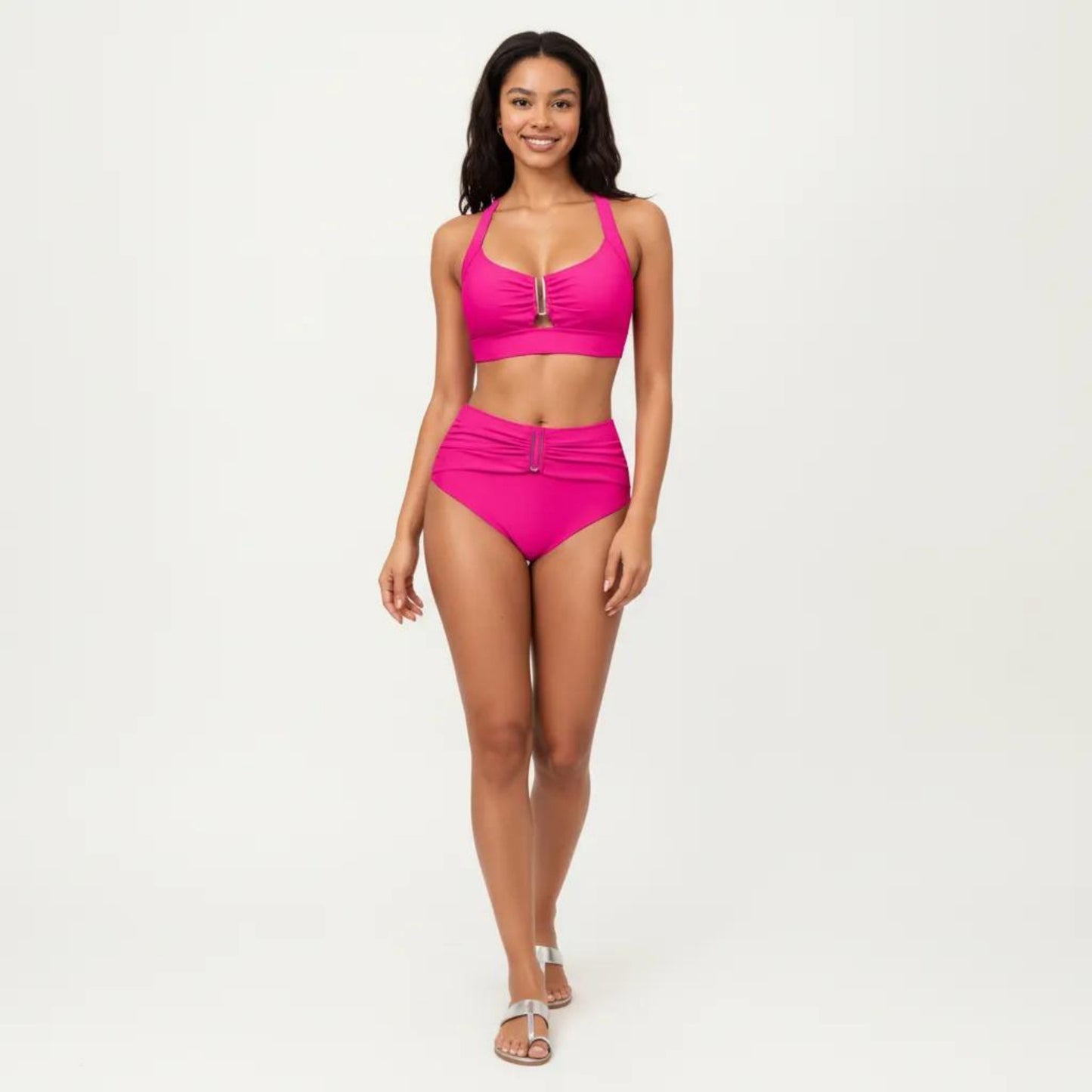 Two Piece Bikini Set with Ruched Bralette Top and High Waist Bottoms