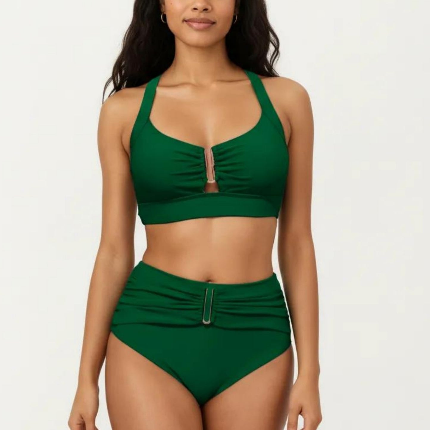 Two Piece Bikini Set with Ruched Bralette Top and High Waist Bottoms