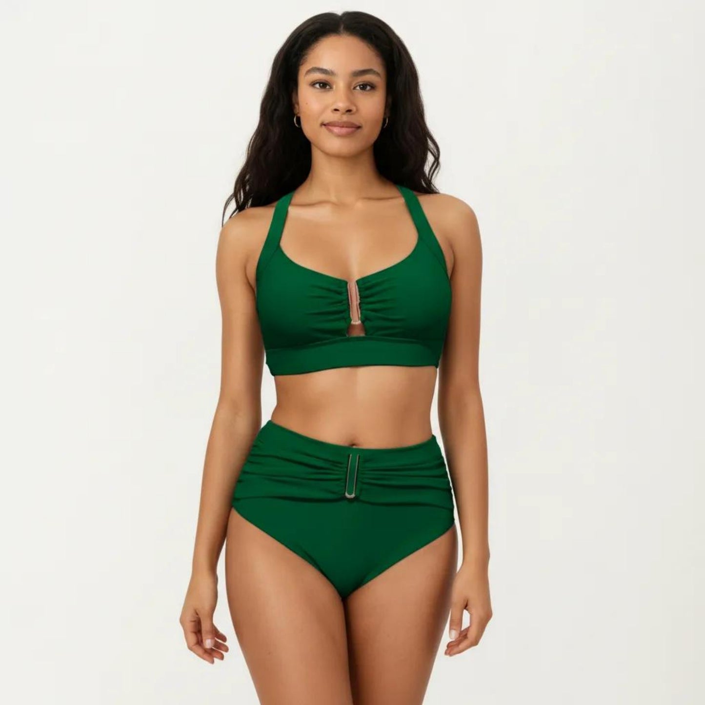 Two Piece Bikini Set with Ruched Bralette Top and High Waist Bottoms