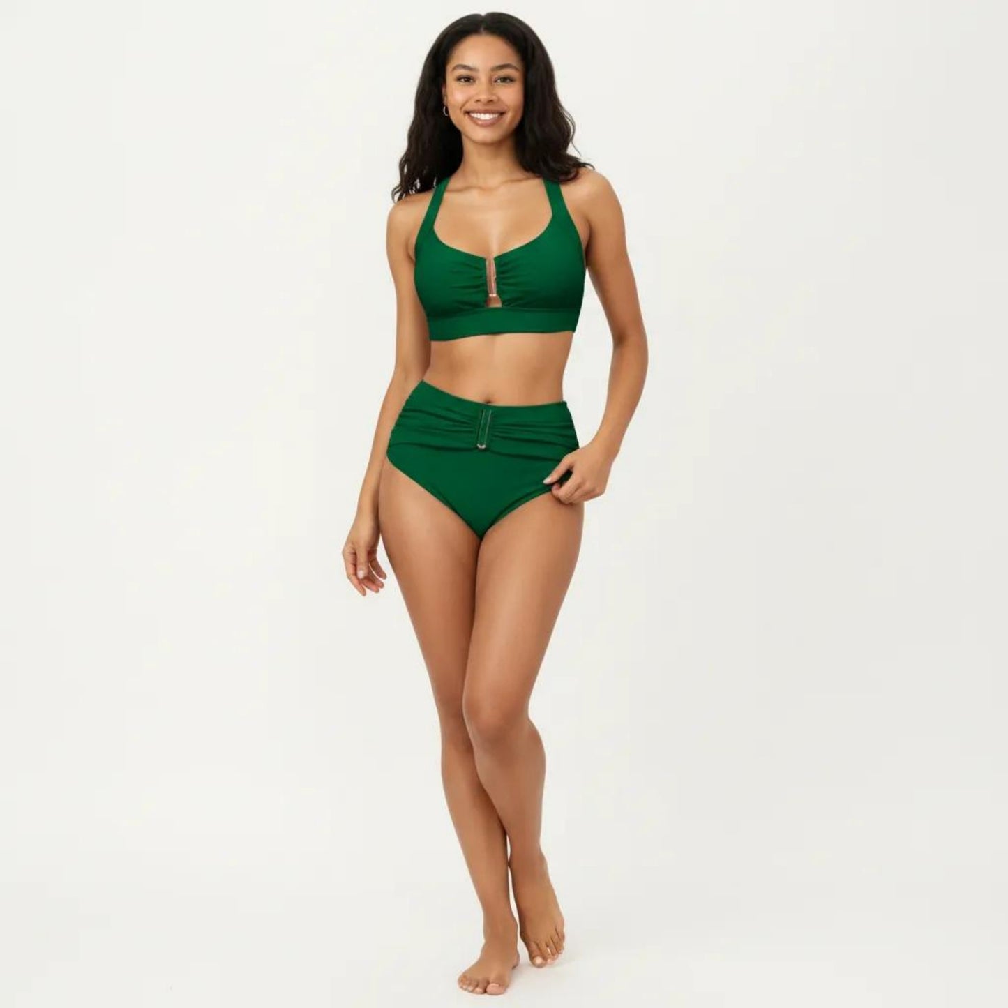 Two Piece Bikini Set with Ruched Bralette Top and High Waist Bottoms