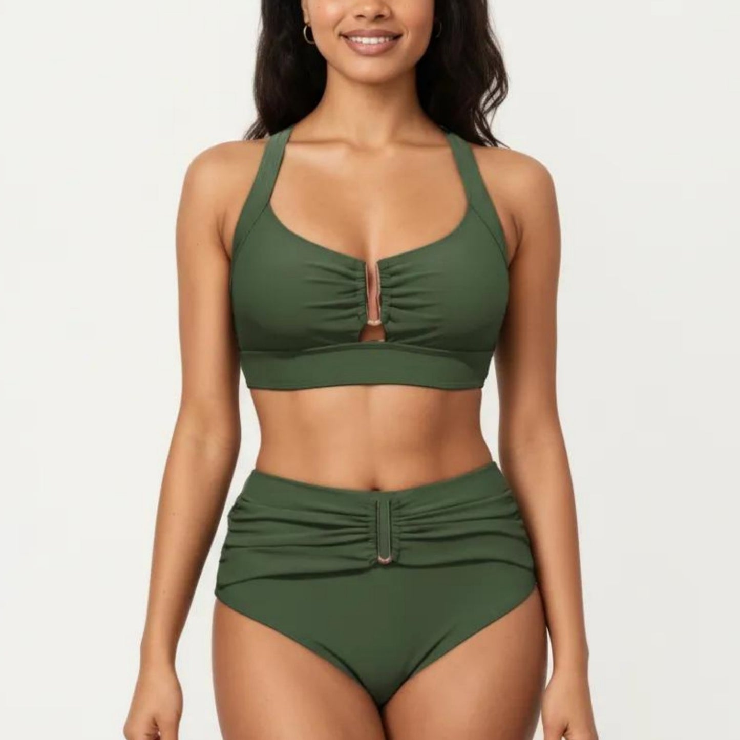 Two Piece Bikini Set with Ruched Bralette Top and High Waist Bottoms
