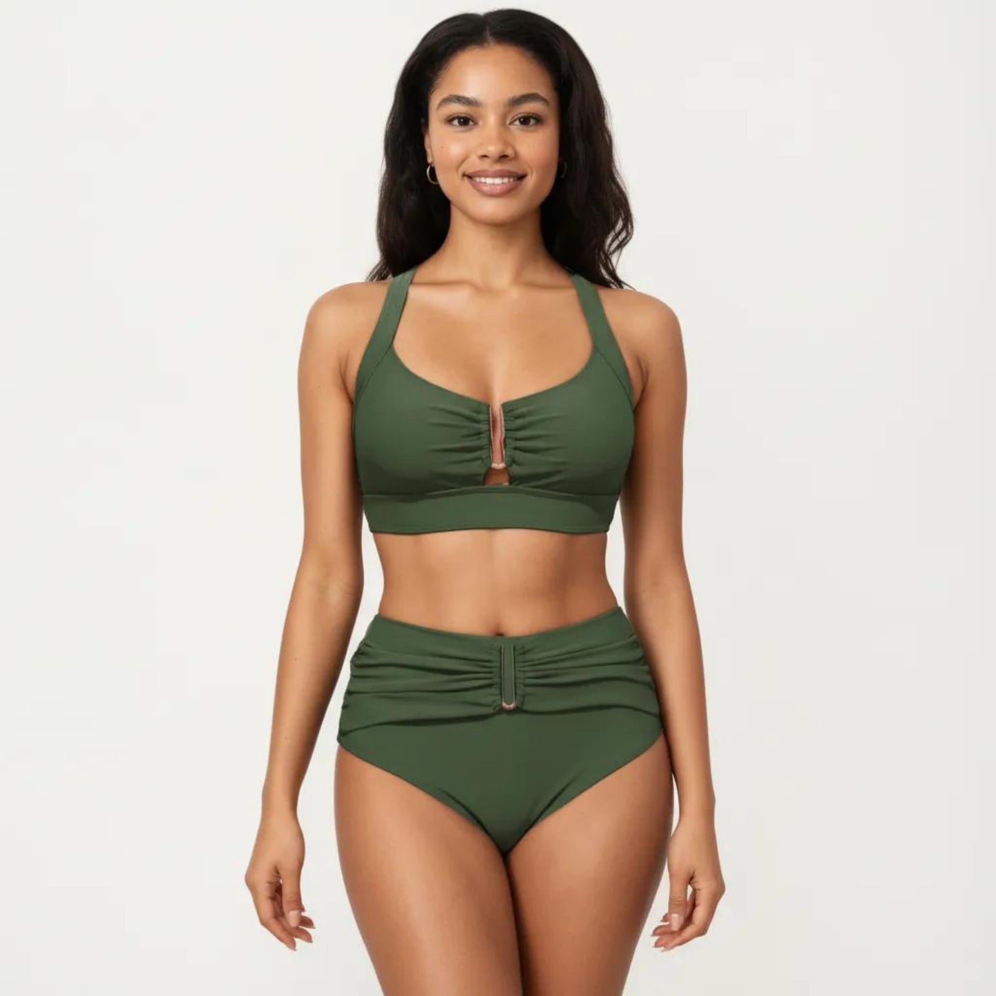 Two Piece Bikini Set with Ruched Bralette Top and High Waist Bottoms