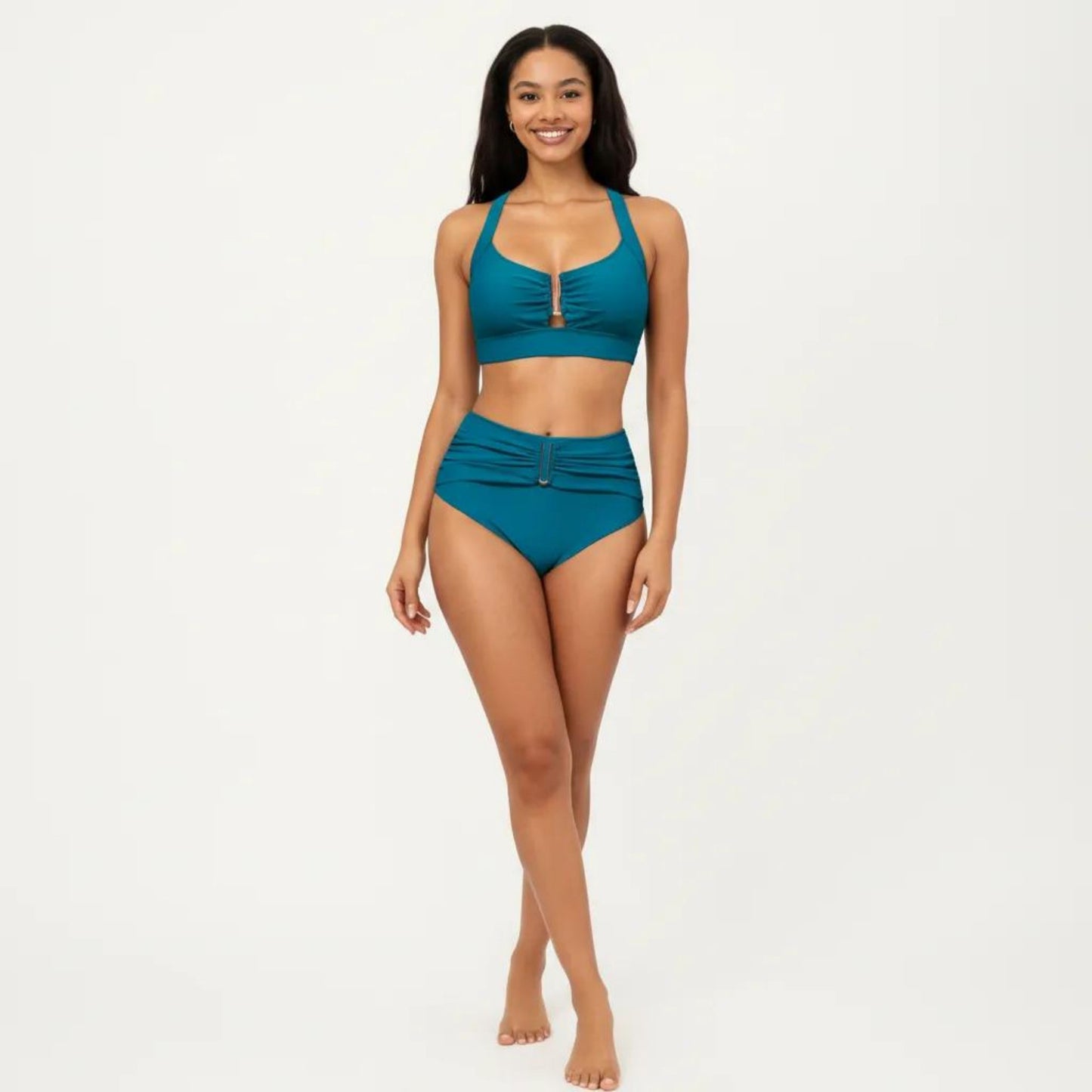 Two Piece Bikini Set with Ruched Bralette Top and High Waist Bottoms