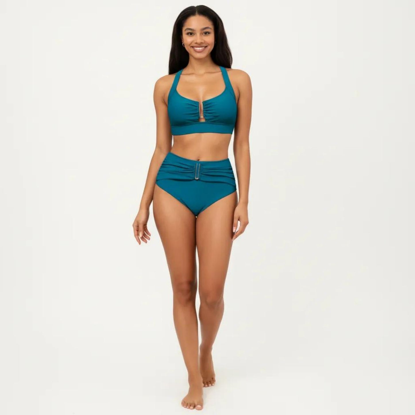 Two Piece Bikini Set with Ruched Bralette Top and High Waist Bottoms