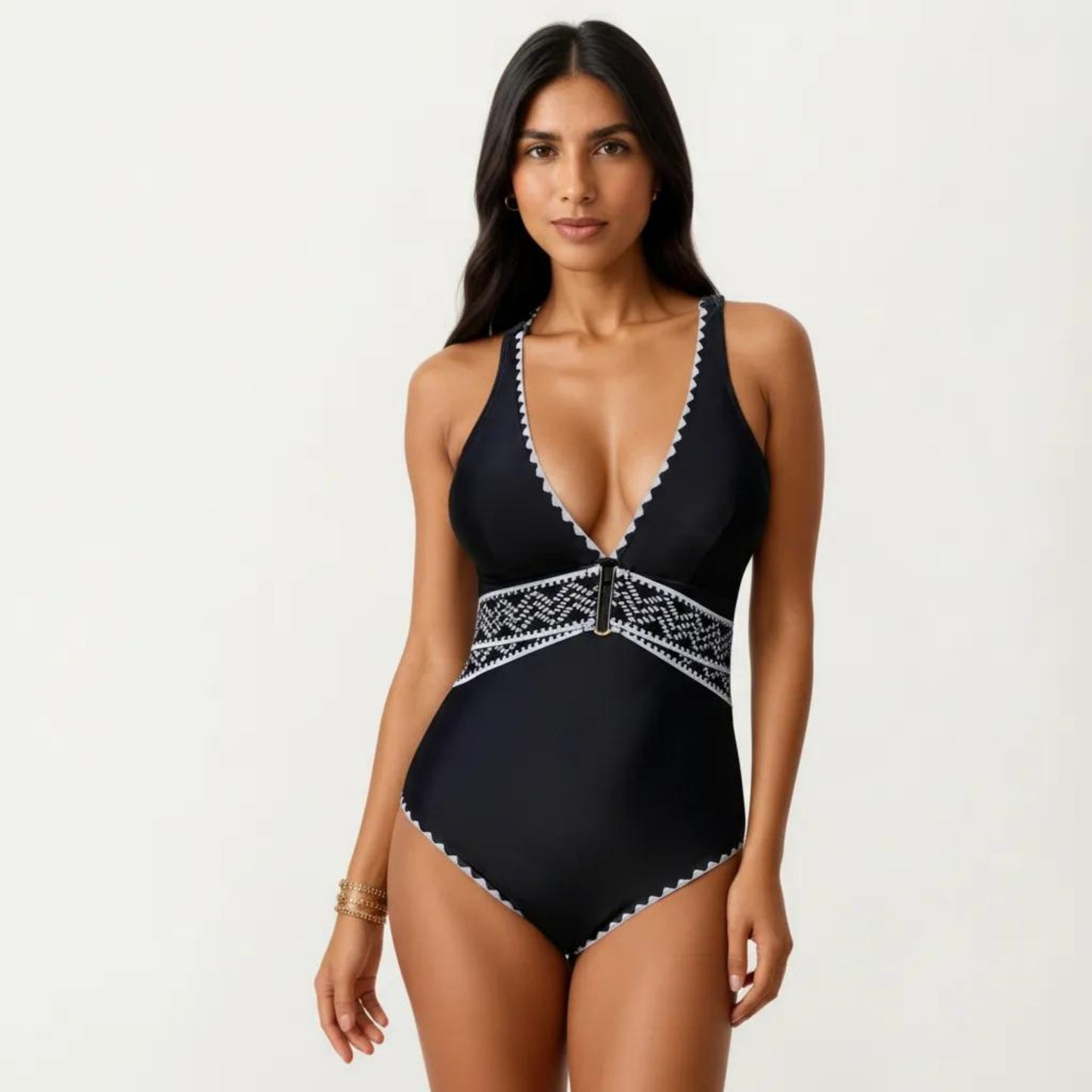 One Piece Swimsuit with Deep V Neckline Textured Waistband and Contrast Trim