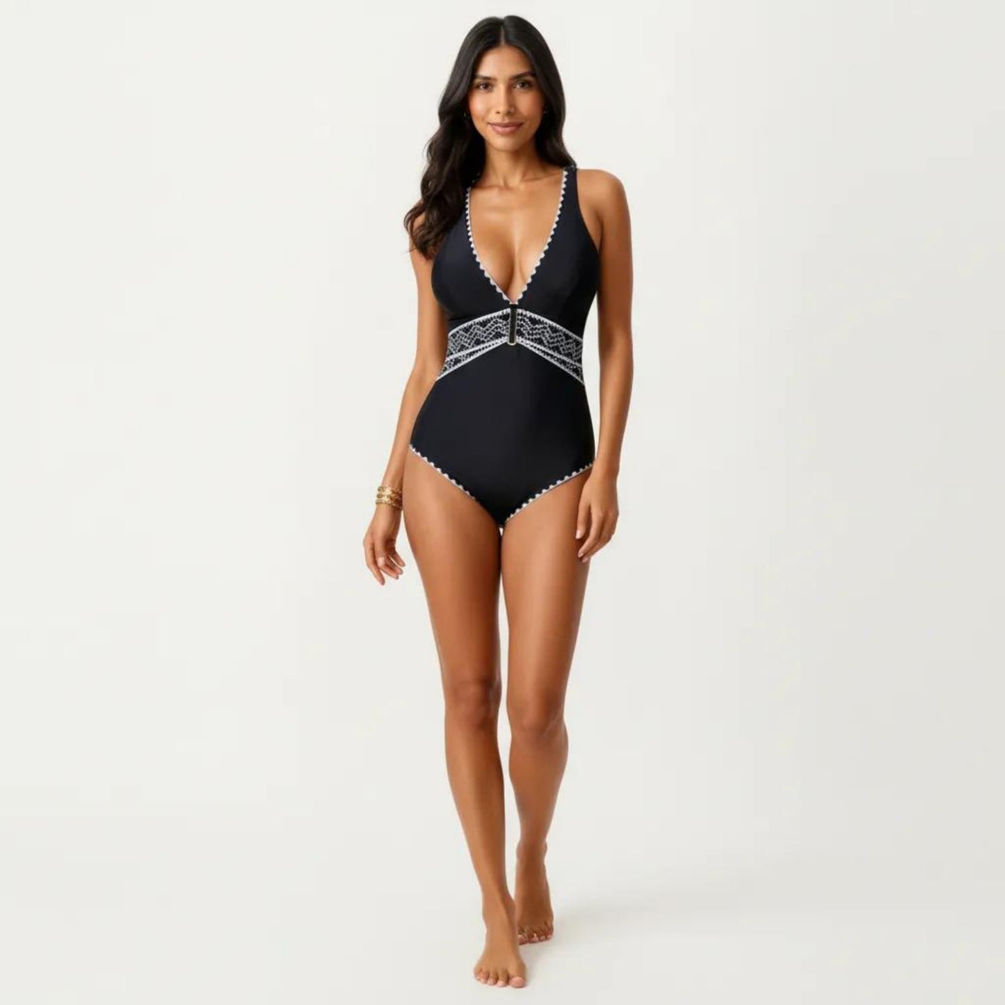 One Piece Swimsuit with Deep V Neckline Textured Waistband and Contrast Trim
