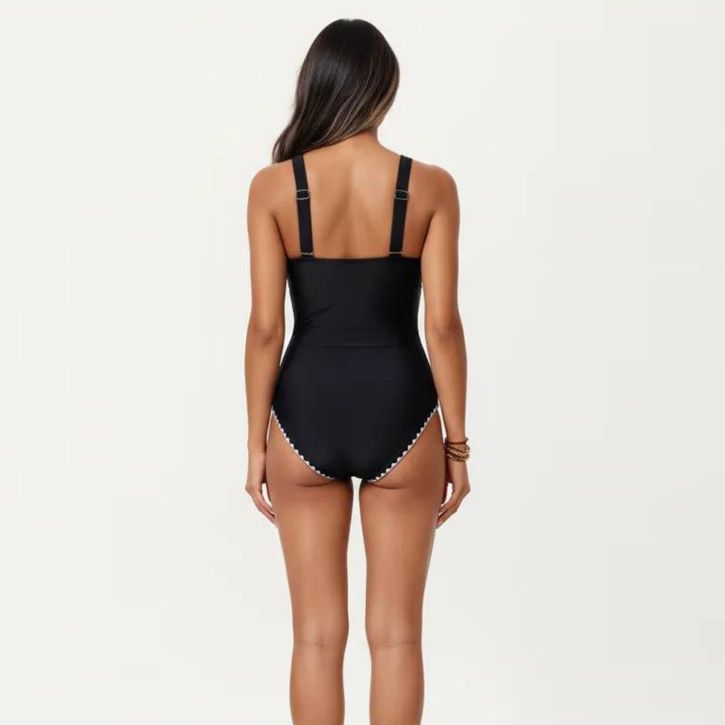 One Piece Swimsuit with Deep V Neckline Textured Waistband and Contrast Trim