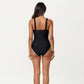 One Piece Swimsuit with Deep V Neckline Textured Waistband and Contrast Trim