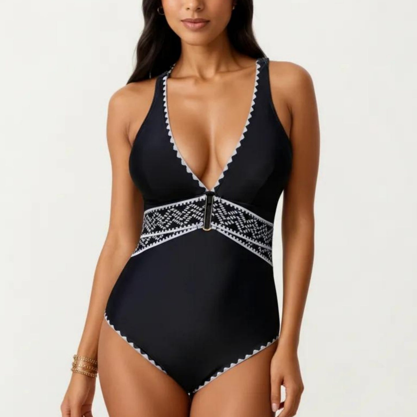 One Piece Swimsuit with Deep V Neckline Textured Waistband and Contrast Trim