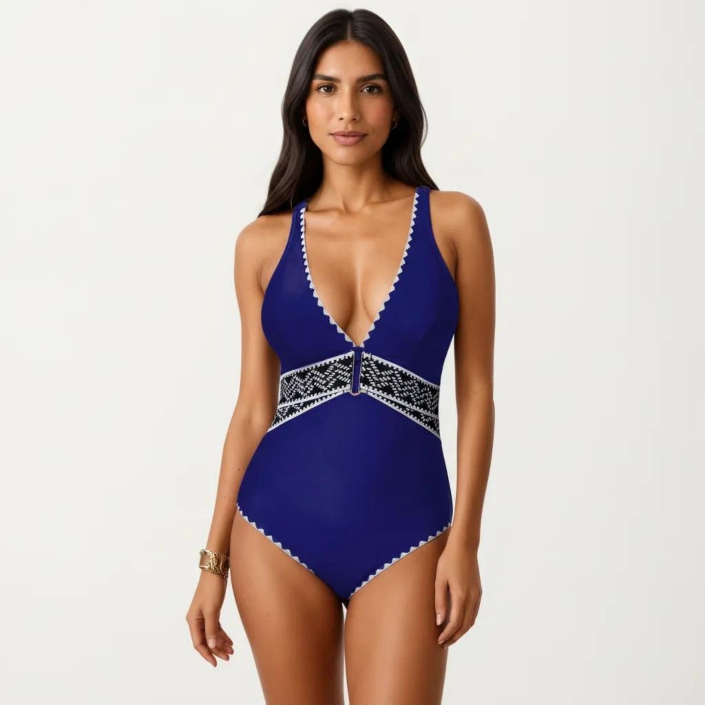 One Piece Swimsuit with Deep V Neckline Textured Waistband and Contrast Trim