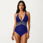 One Piece Swimsuit with Deep V Neckline Textured Waistband and Contrast Trim