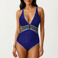 One Piece Swimsuit with Deep V Neckline Textured Waistband and Contrast Trim