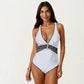One Piece Swimsuit with Deep V Neckline Textured Waistband and Contrast Trim