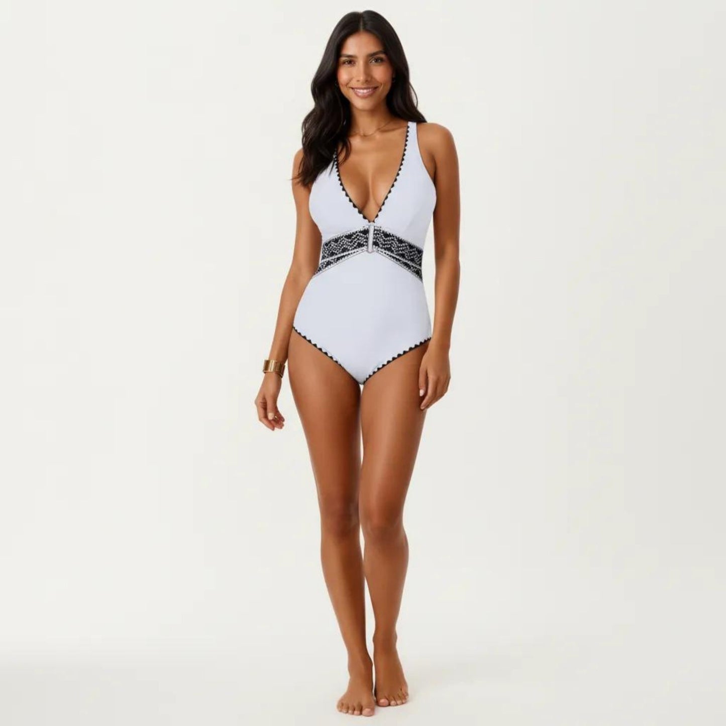 One Piece Swimsuit with Deep V Neckline Textured Waistband and Contrast Trim