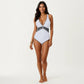 One Piece Swimsuit with Deep V Neckline Textured Waistband and Contrast Trim