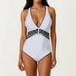 One Piece Swimsuit with Deep V Neckline Textured Waistband and Contrast Trim