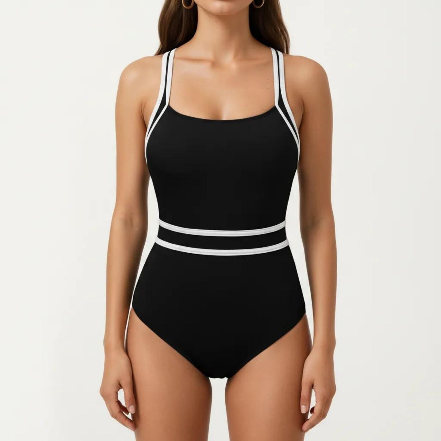 One Piece Swimsuit with Scoop Neckline Contrast Trim and Waistband Detail