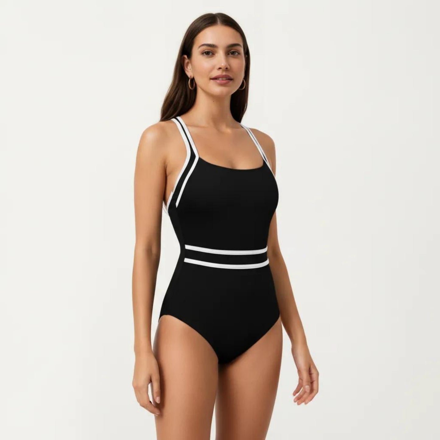 One Piece Swimsuit with Scoop Neckline Contrast Trim and Waistband Detail