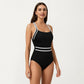 One Piece Swimsuit with Scoop Neckline Contrast Trim and Waistband Detail