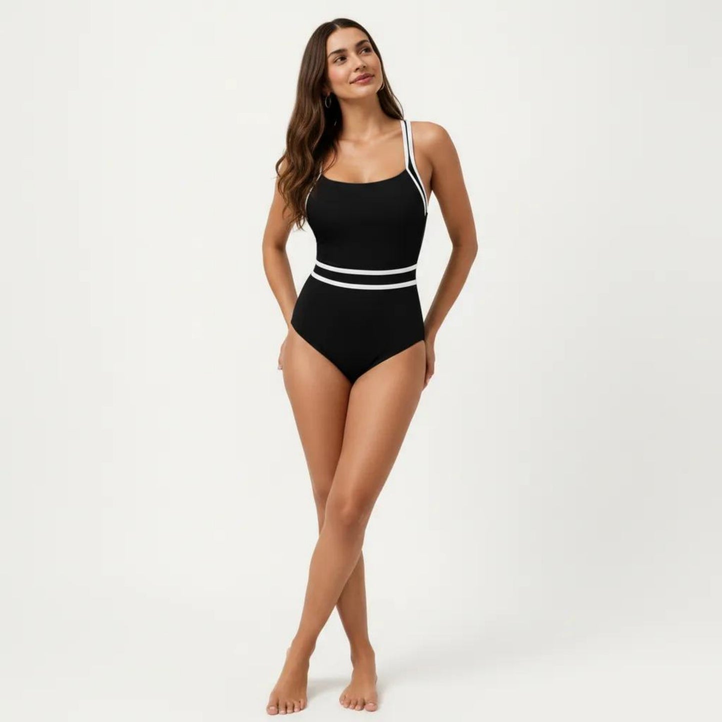 One Piece Swimsuit with Scoop Neckline Contrast Trim and Waistband Detail