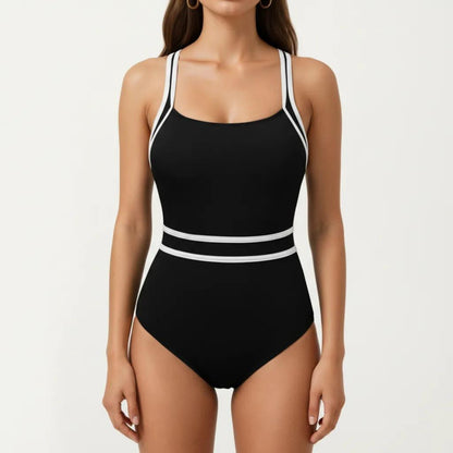 One Piece Swimsuit with Scoop Neckline Contrast Trim and Waistband Detail