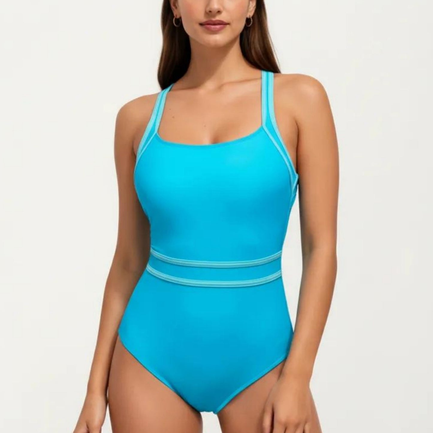 One Piece Swimsuit with Scoop Neckline Contrast Trim and Waistband Detail