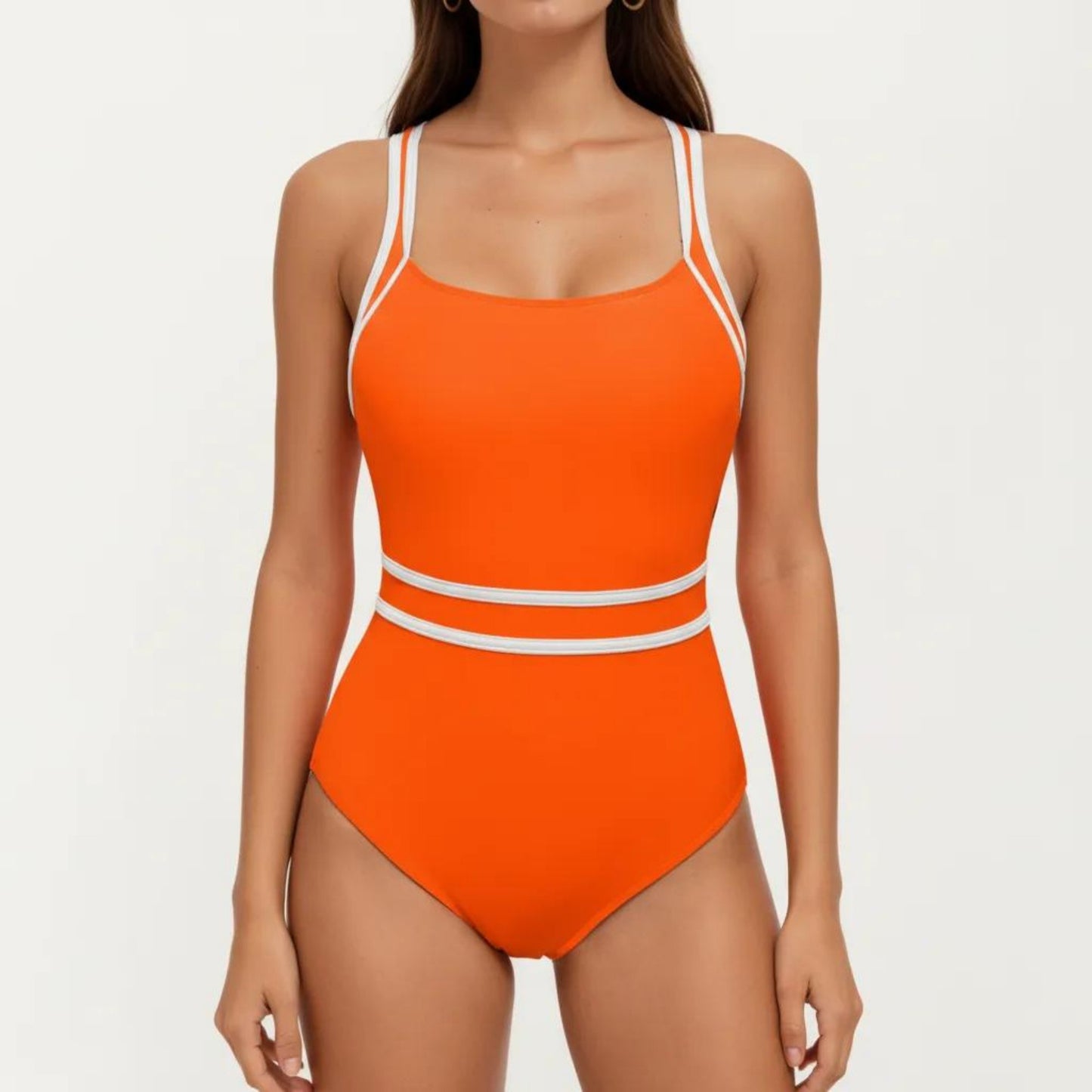 One Piece Swimsuit with Scoop Neckline Contrast Trim and Waistband Detail