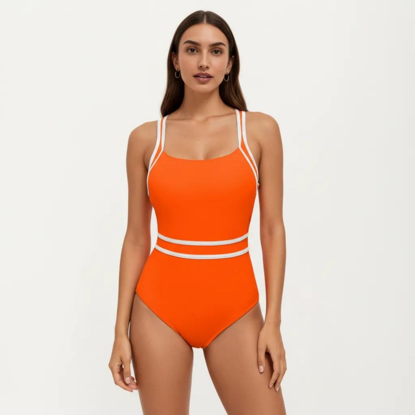 One Piece Swimsuit with Scoop Neckline Contrast Trim and Waistband Detail