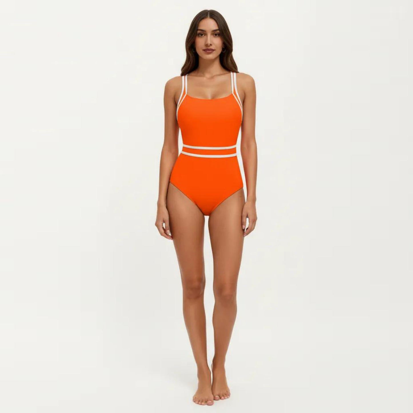 One Piece Swimsuit with Scoop Neckline Contrast Trim and Waistband Detail