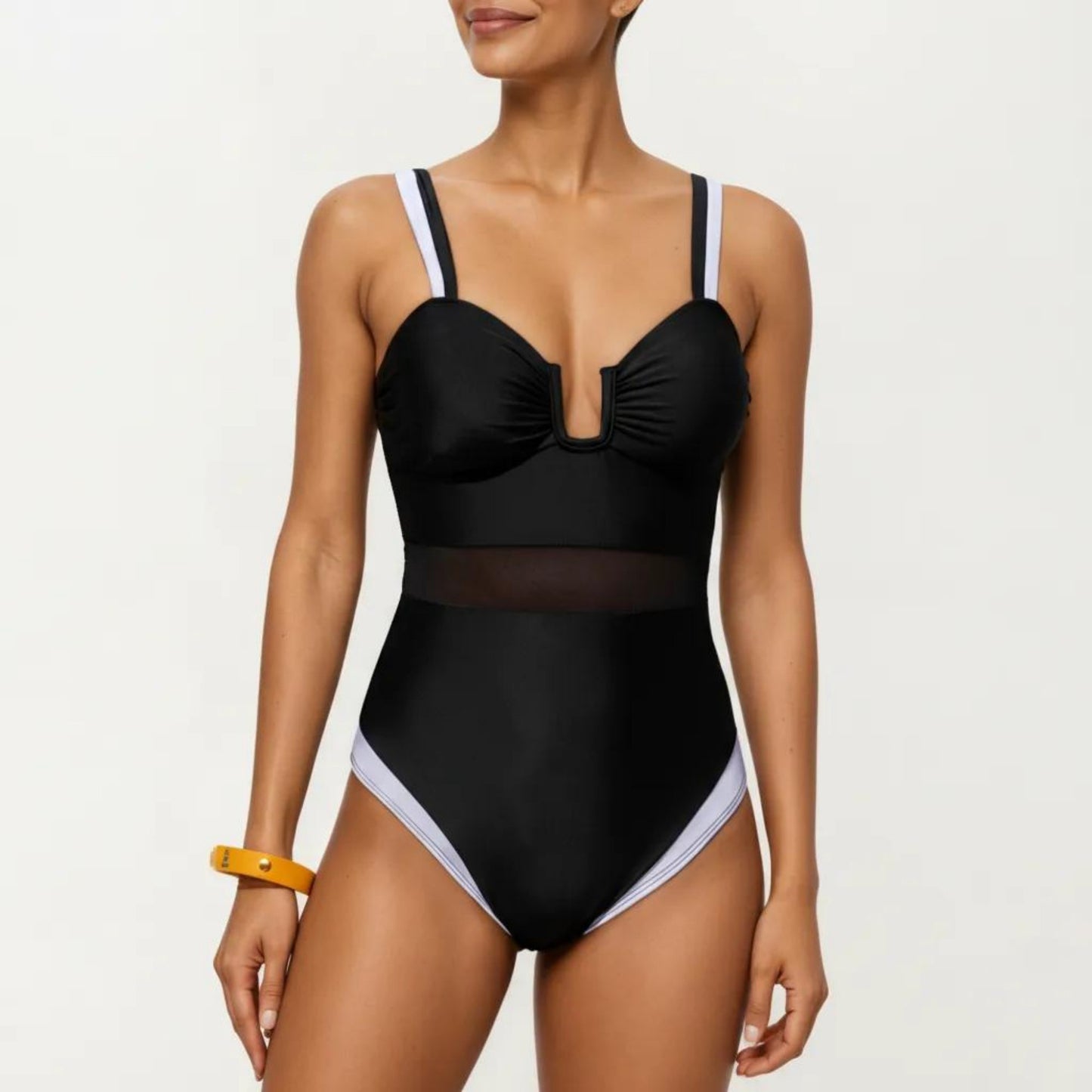 One Piece Swimsuit with U Neckline Sheer Waist Panel and Contrast Strap Detail