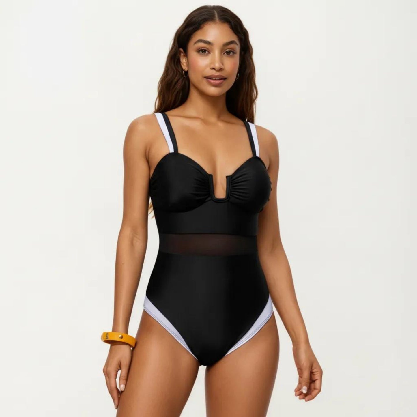 One Piece Swimsuit with U Neckline Sheer Waist Panel and Contrast Strap Detail
