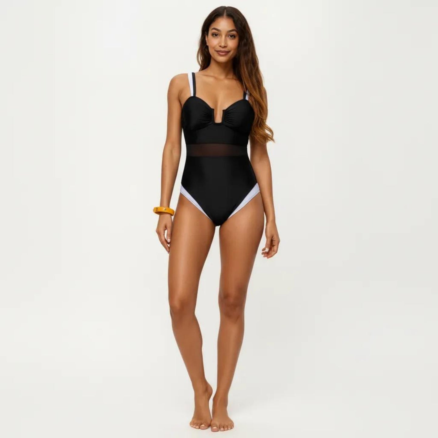 One Piece Swimsuit with U Neckline Sheer Waist Panel and Contrast Strap Detail