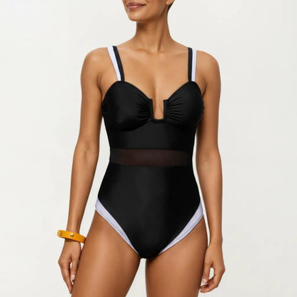 One Piece Swimsuit with U Neckline Sheer Waist Panel and Contrast Strap Detail