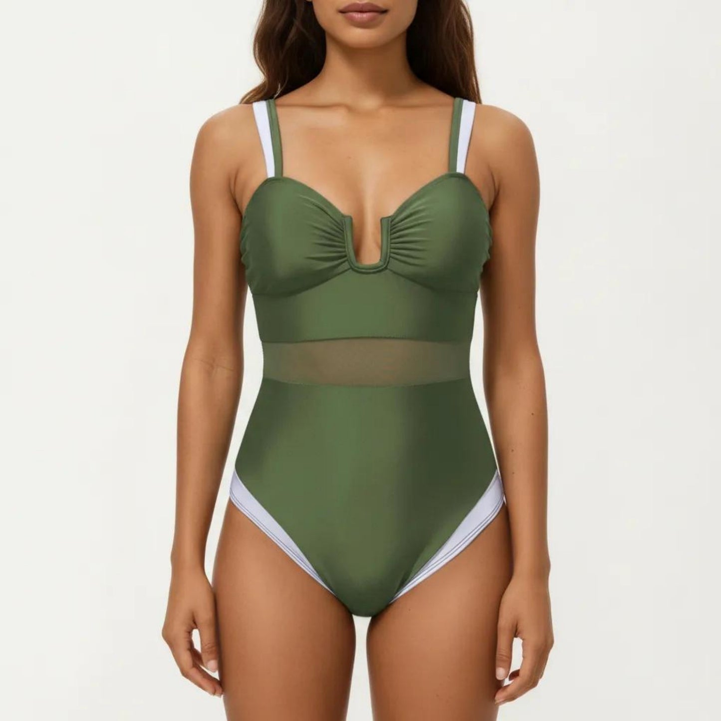 One Piece Swimsuit with U Neckline Sheer Waist Panel and Contrast Strap Detail