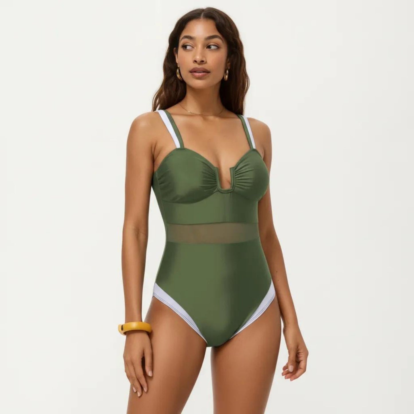 One Piece Swimsuit with U Neckline Sheer Waist Panel and Contrast Strap Detail