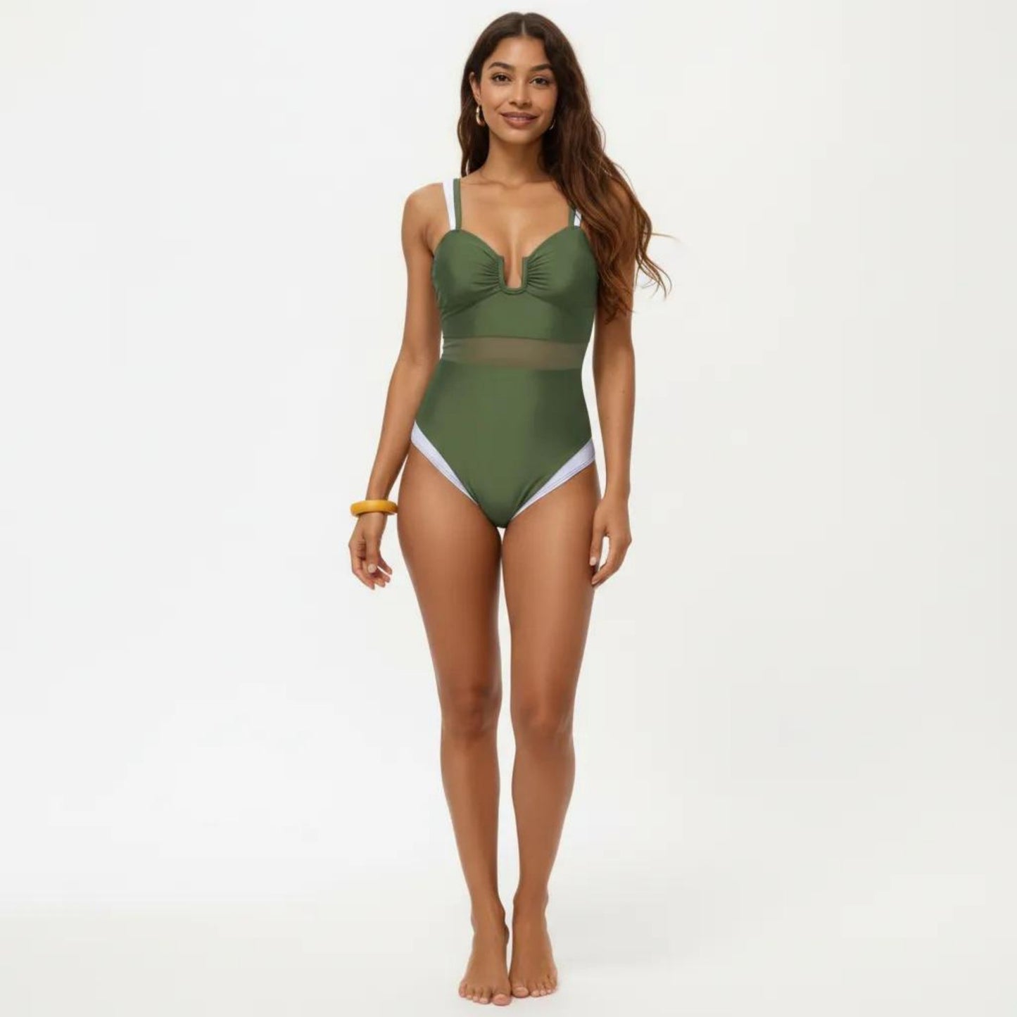 One Piece Swimsuit with U Neckline Sheer Waist Panel and Contrast Strap Detail