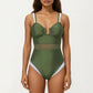 One Piece Swimsuit with U Neckline Sheer Waist Panel and Contrast Strap Detail