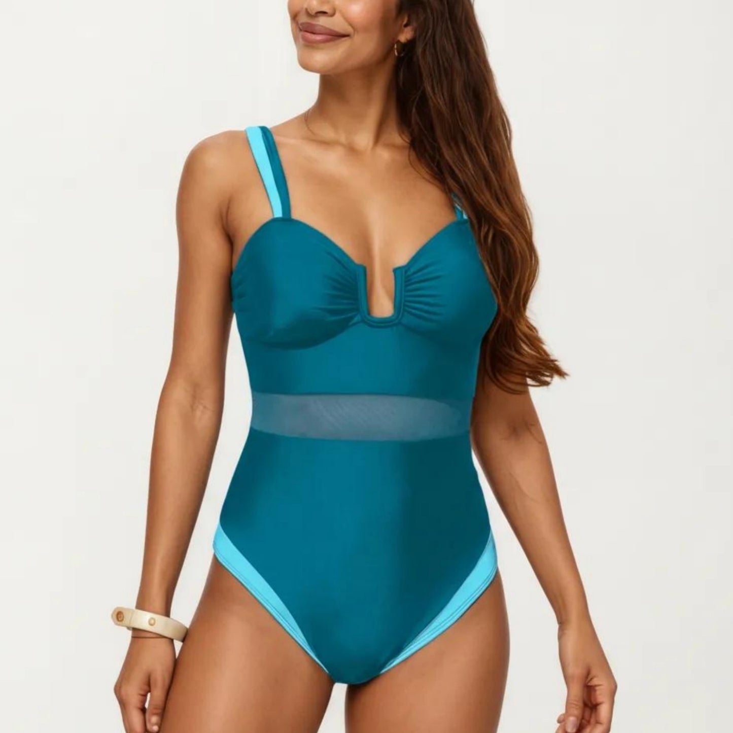 One Piece Swimsuit with U Neckline Sheer Waist Panel and Contrast Strap Detail