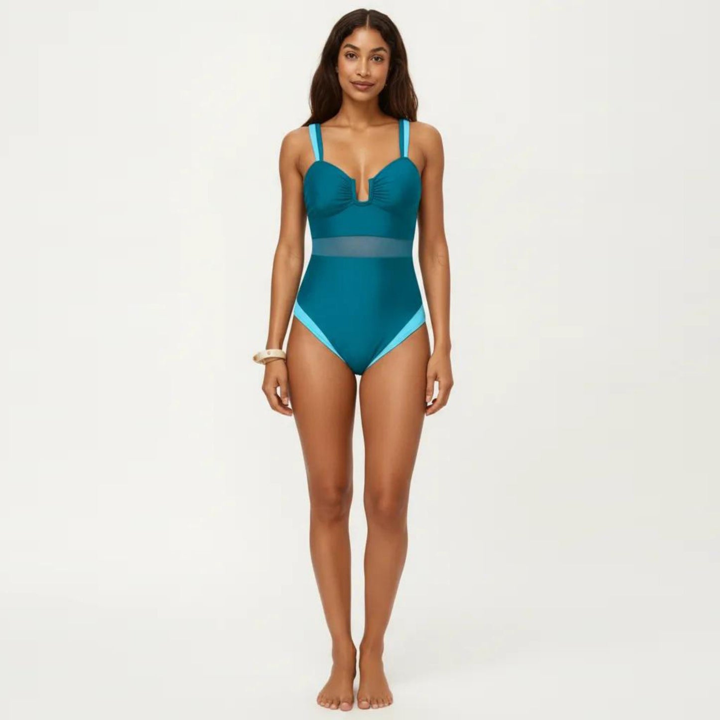 One Piece Swimsuit with U Neckline Sheer Waist Panel and Contrast Strap Detail
