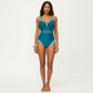 One Piece Swimsuit with U Neckline Sheer Waist Panel and Contrast Strap Detail